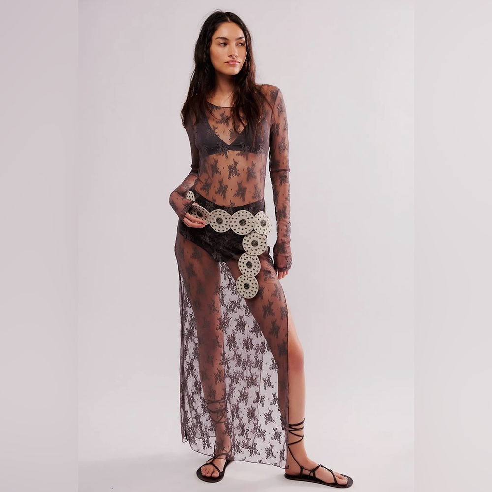 NWT Free People Dark Gull Grey Sheer Star Lace Maxi Dress Medium